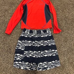 Columbia Red and Blue Rash Guard with Shark Print lined swim trunks